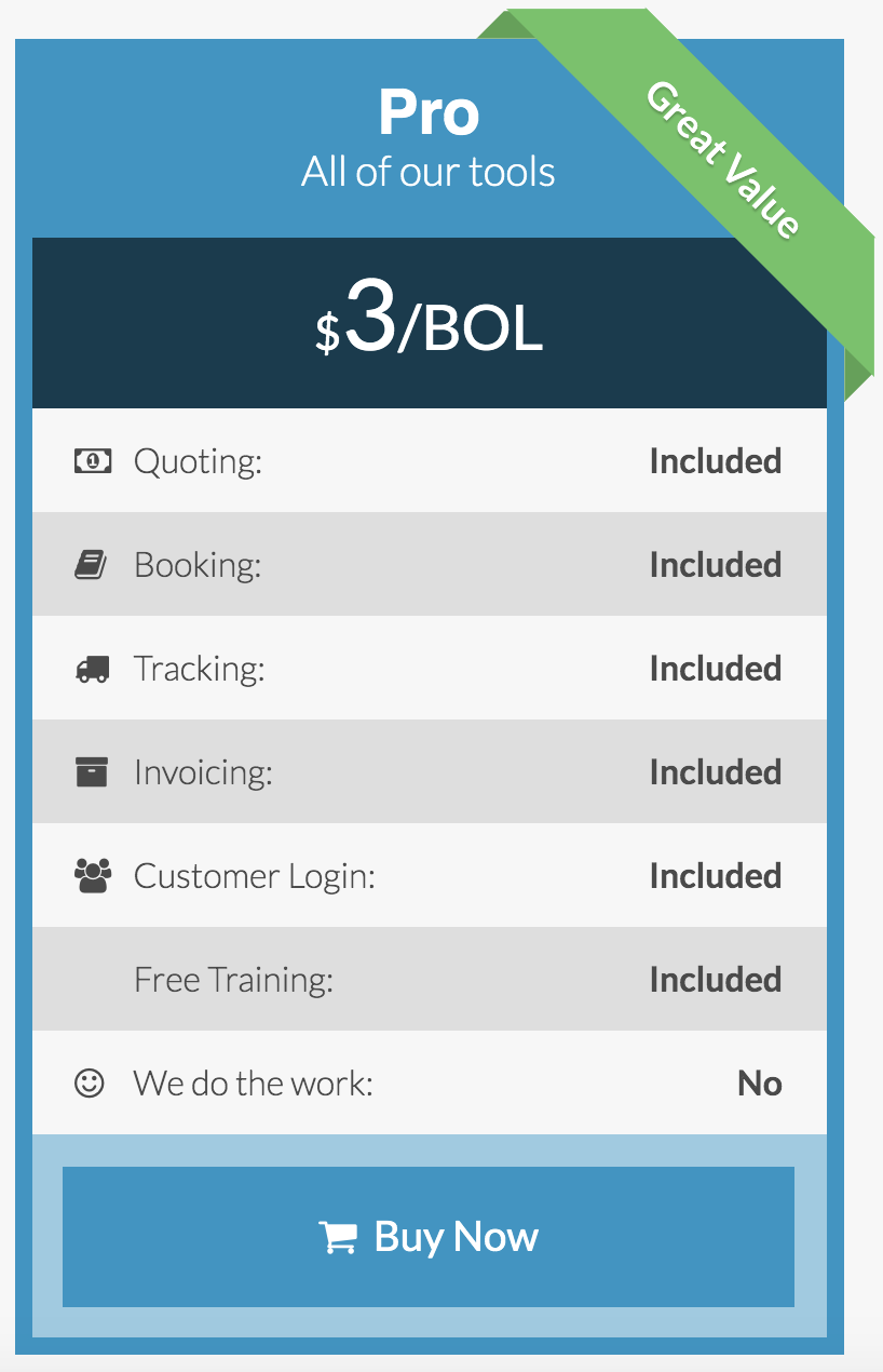 Primus TMS Pricing - $3/BOL. Quoting, Booking, Tracking, Invoicing, Customer Login and Training included.